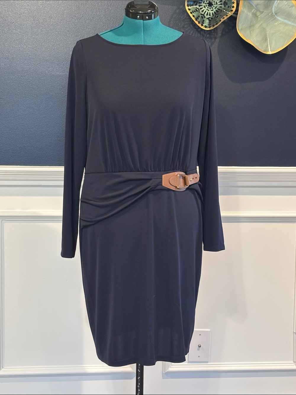 Ralph Lauren Navy Long Sleeve Sheath Dress Brown Belt Accent NWT Size 14